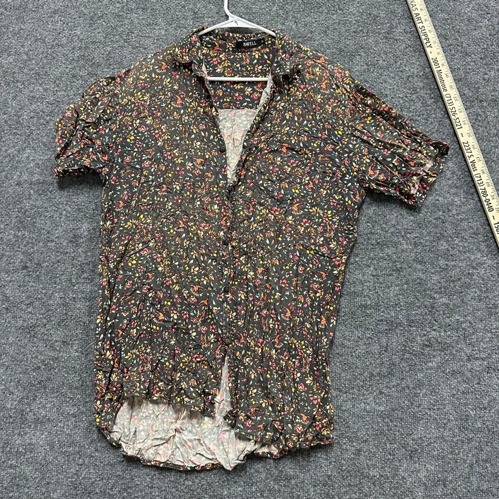 Swell Shirt Womens Size M Black Rayon Floral Butterfly Short Sleeve Casual Boho